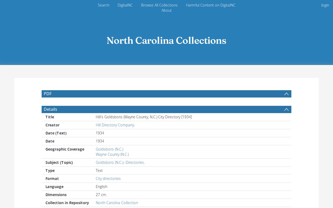 Goldsboro city directory DigitalNC record for the 1934 collection